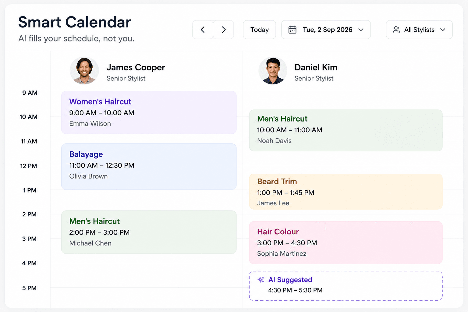 The Senbrio calendar for one day, two stylists side by side, with an AI-suggested slot at the end of the afternoon.