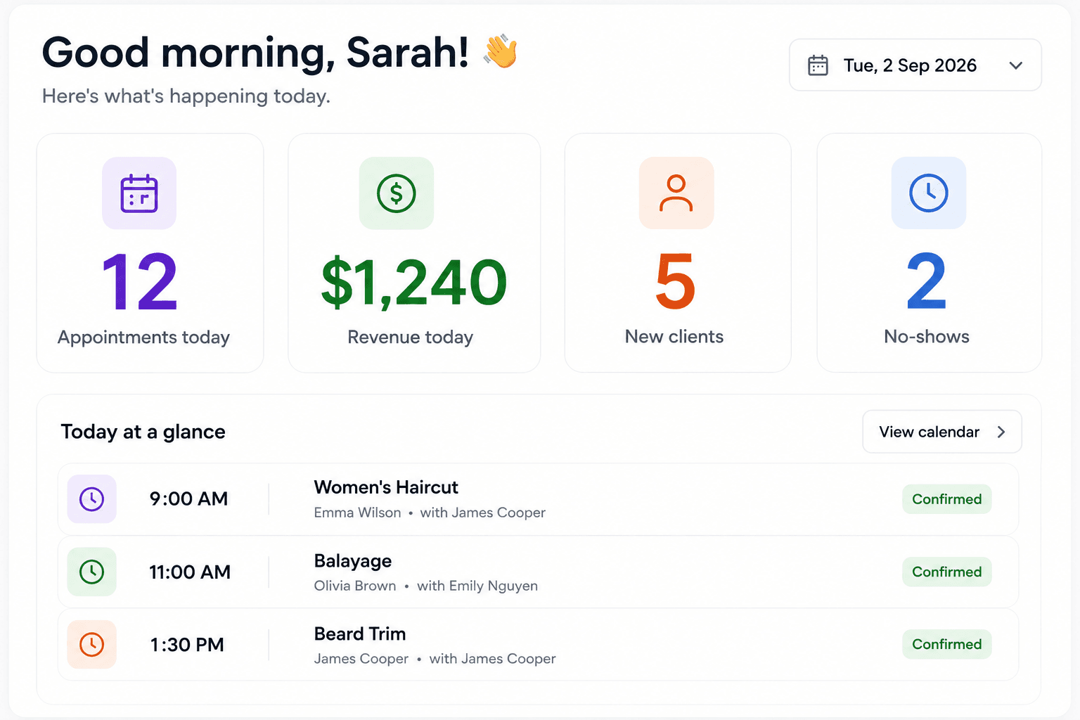 The Senbrio daily view: appointments, revenue, new clients and no-shows for today, above today's confirmed bookings.